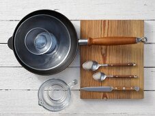 Kitchen utensils for making corn bread in a pan