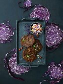 Lentil burgers with a red cabbage salad