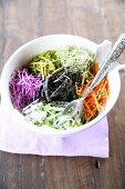 Vegan buddha bowl with different raw vegetables