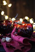 Mulled wine with fruits, elevated view, close-up