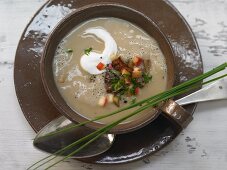 Chestnut and potato soup with apple and chives
