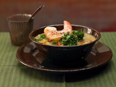 Portuguese green cabbage stew with prawns