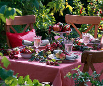 Fruit table with prunus, peaches, malus, ribes