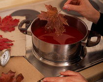 Red wax: Step (1/1). Dip Acer (maple leaves) in melted red wax