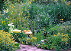 Sitzplatz am Wasserbecken mit Iris (Sumpfiris)