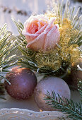 Pink (rose), wrapped with Pinus (pine), angel hair