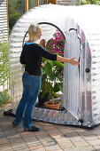 Inflatable greenhouse for wintering potted plants