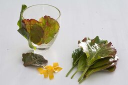 Bouquet of dahlias in leaf vase (3/6)