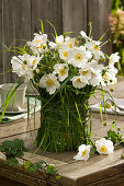 Anemone bouquet in vase with grass dress