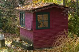 Red garden house with green windows in autumnal garden