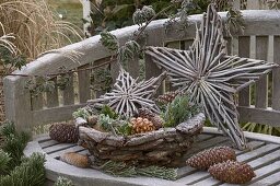 Bark basket filled with pine cones and twigs