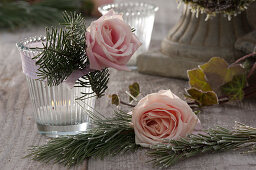 Pink (rose) and Abies (fir branch) on small lantern