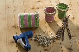 Vases with decorative string and willow catkins (3/4)