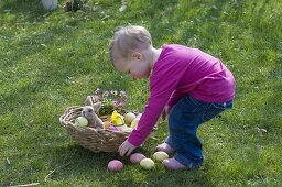 Easter nest with Easter bunny, Easter eggs and Viola cornuta