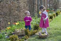 Osternester im Garten, Kinder mit Ostereiern im Beet mit Narcissus