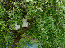 Weiße Keramik - Tauben in Astgabel von Salix Caprea 'Pendula'