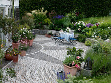 Sternförmig gepflasterte Terrasse mit Kübelpflanzen am Haus