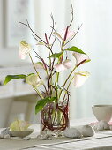 Modern bouquet of anthurium (flamingo flower) and cornus (dogwood)