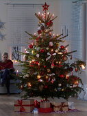 Red, white and gold decorated Nordmann fir