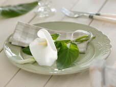 Weiße Tischdeko aus Zantedeschia (Calla)