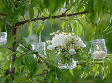 White herb bouquet in glass and small lanterns hung on tree