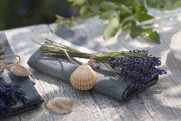 Nautical napkin decoration with lavender (Lavandula) and shells