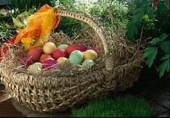 Basket with coloured Easter eggs