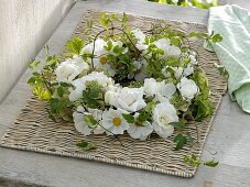 White Wreath of Pink (Rose), Cosmos (daisies), Sedum