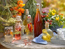 Homemade vinegars with spices and herbs