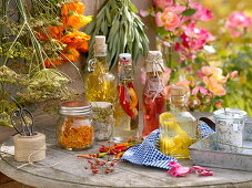 Homemade vinegars with spices and herbs