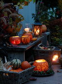 Autumn terrace with pumpkin decoration