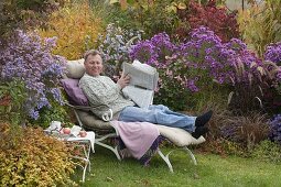 Lounger at the autumn bed with asters and grasses