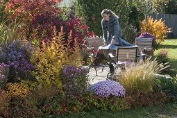 Autumn border with woody plants in autumn colour and perennials