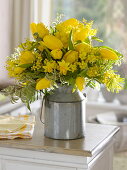 Yellow bouquet with Acacia (mimosa), Tulipa (tulips), Narcissus 'Tete a Tete'.