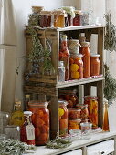 Preserved tomatoes, peppers, vinegar and herbs in self-made shelf