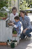 Aussaat mit Kindern auf der Terrasse