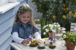 Blown eggs as vases with viola flowers