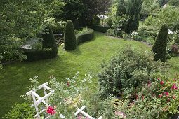 View from above into formal garden with Taxus (yews)