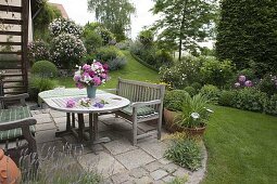 View from the terrace into the garden with roses