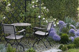 Small terrace with seating area and arbour in front of hornbeam hedge