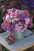 Bouquet of mixed Aster (Autumn Aster) in zinc buckets