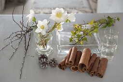 Christmas roses - cinnamon sticks - arrangement