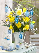 Easter bouquet in enamelled jug, Narcissus, branches of Sali