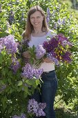 Woman with fragrant bouquet of Syringa (Lilac) and Ranunculus acris