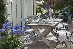 Blue and white table decoration with lilies and lilies