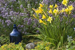 Kiesbeet mit Hemerocallis (Taglilie), Oregano (Origanum vulgare)