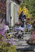 Kleine Herbstterrasse neben Staudenbeet am Gerätehaus