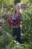 Young woman cutting the last summer flowers in the cottage garden