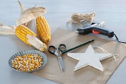 Homemade Christmas tree decorations made of corn and beans