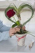 Red rose blossom in grass heart